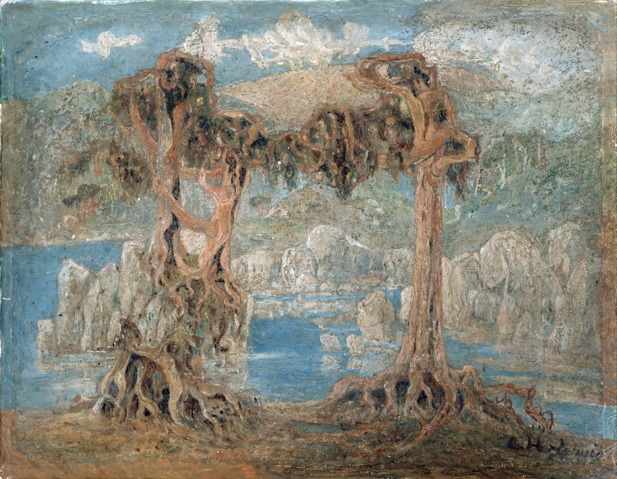 ""Paisagem"" Scrawny Trees on the Seashore, Noruega - Pintura de Lars Hertervig (1830-1902) 1902 Museu Nacional de Arte, Oslo Noruega de Lars Hertervig