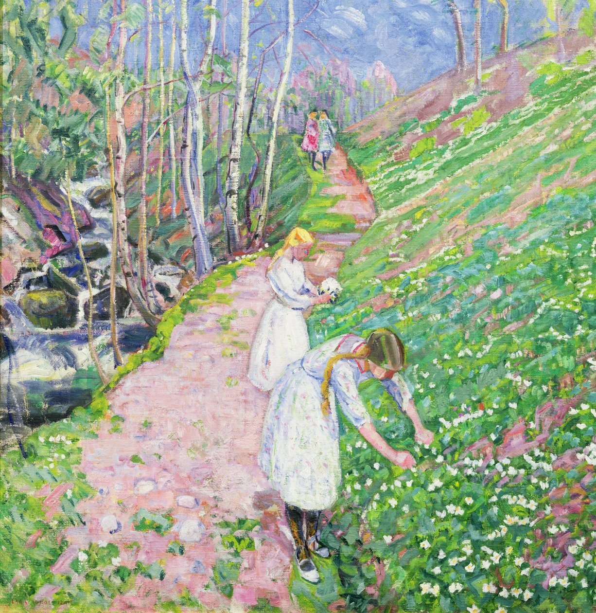 Meninas colhendo anêmona de madeira de Lars Jorde