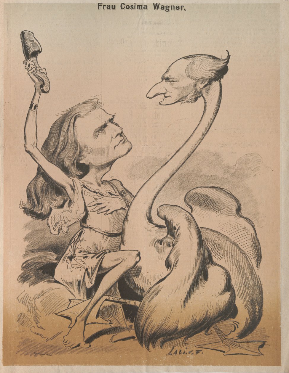 Richard Wagner como Swan e Cosima Wagner como Leda Capa de Die Bombe, 1875. de Laszlo Frecskay