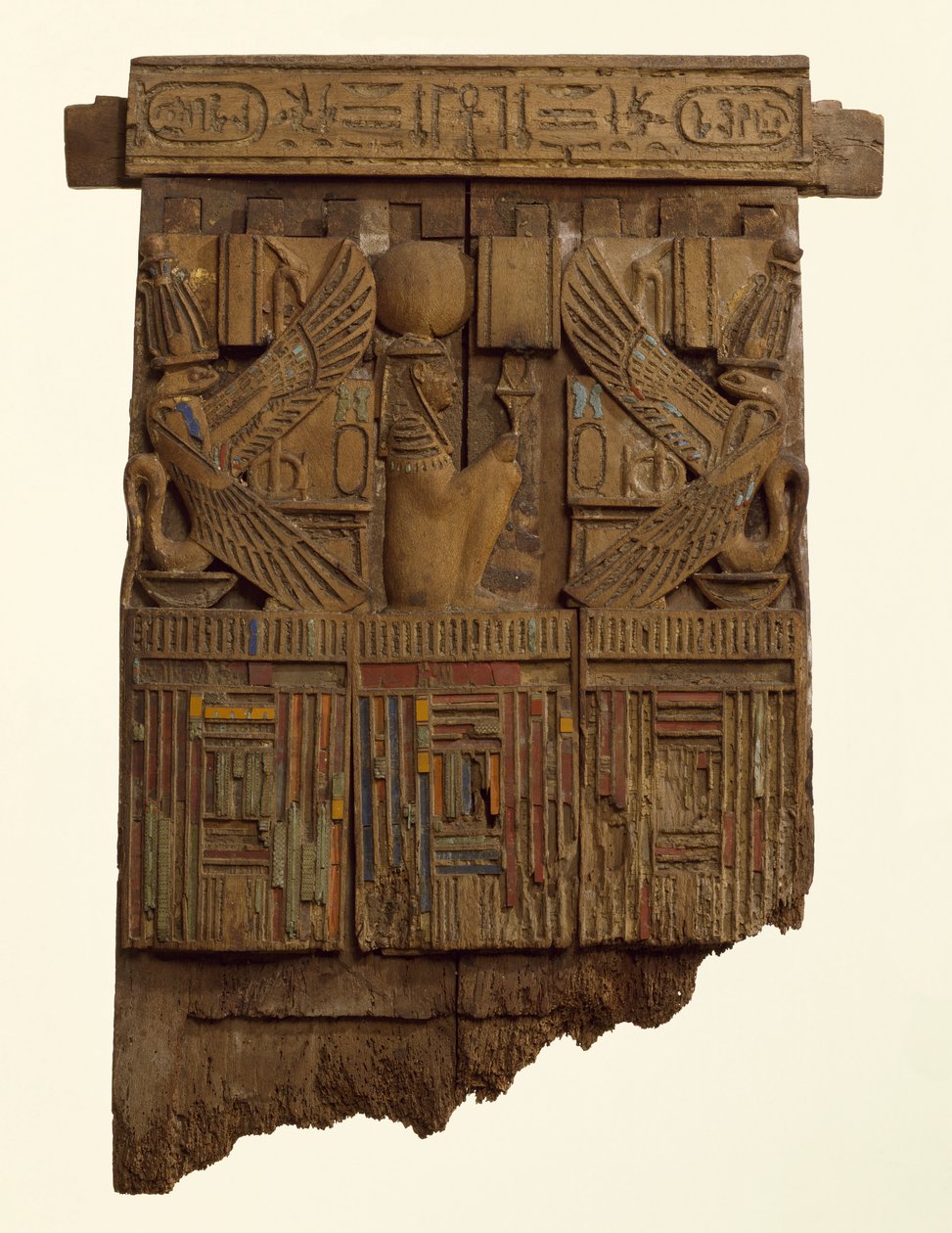 Painel, provavelmente na parte de trás de uma cadeira, de Abusir (madeira e vidro) de Late Period Egyptian
