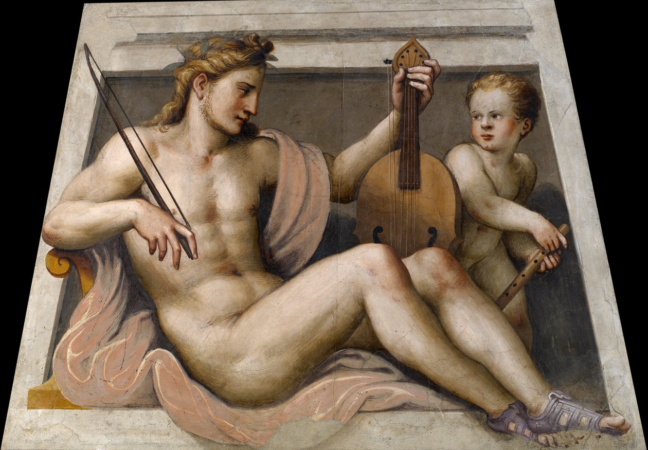 Apollo com cupido par Gambara, Lattanzio (c. 1530-1574). Fresco, tamanho : 155,5x109, , Pinacoteca Tosio Martinengo, Brescia de Lattanzio Gambara