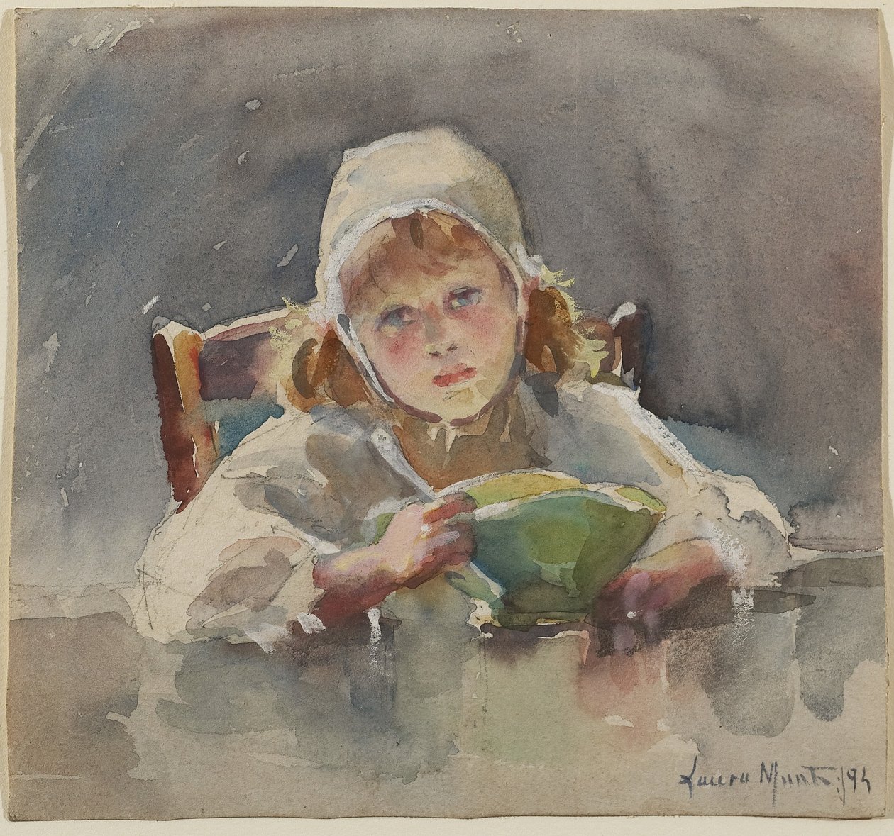Criança com Green Bowl, 1895 (grafite, wc e guache sobre papel) de Laura Muntz Lyall