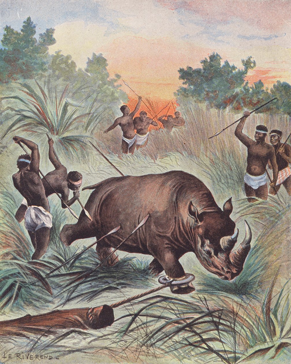 Caça ao rinoceronte em África (litografia a cores) de Laurence Louise Le Riverend