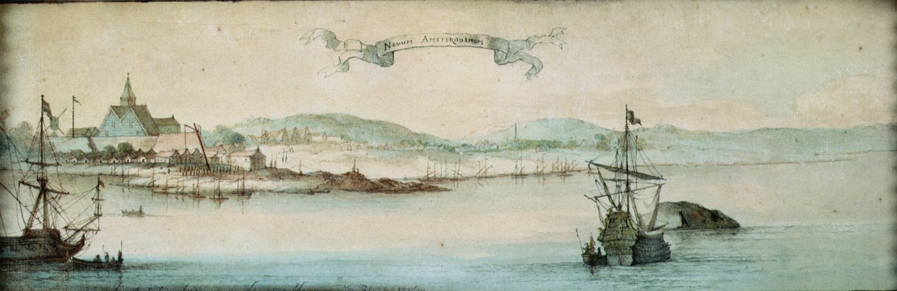 New Amsterdam, New Netherland, 1650 (wc e tinta no papel) de Laurens Block
