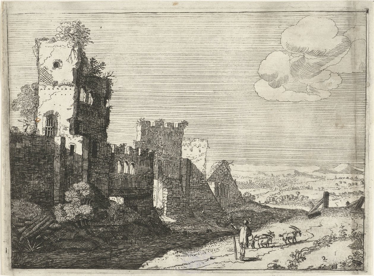 Pastor de cabras em um fosso do castelo Paisagens com construções romanas antigas (título da série) de Laurens Barata