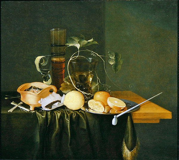 Natureza Morta de um Roemer rodeado de Gavinhas e frutas (óleo sobre tela) de Laurens Craen