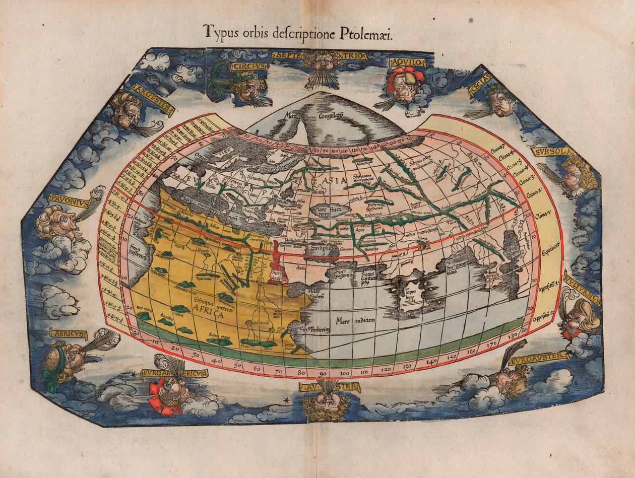 Um mapa do mundo escrito por Ptolomeu (Typus Orbis Descriptione Ptolemaei) por Laurent Fries da reimpressão de Gaspar Trechsel em 1541 de seus mapas de 1522 para a geografia de Ptolomeu de Laurent Fries