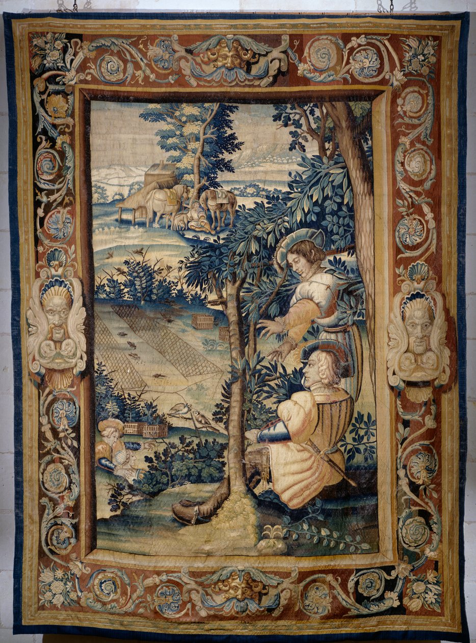 Caça de aves com rede, tapeçaria da série Caçadas de Francisco I de Laurent Guyot