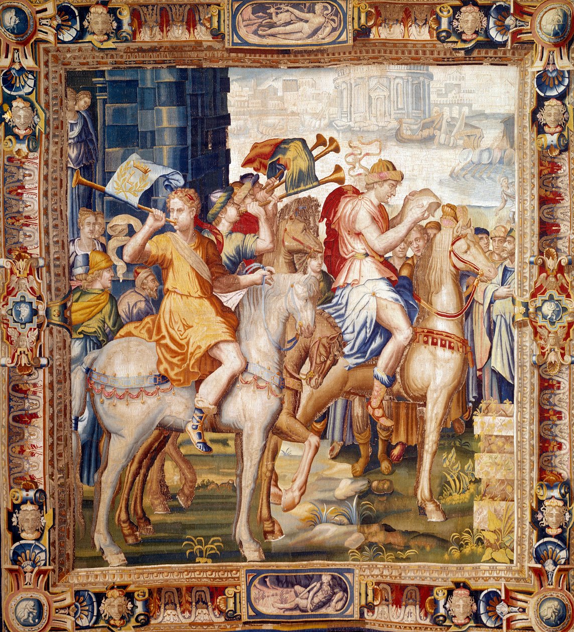 Herautas a cavalgar. Cortina da História de Artemise. Tapeçaria em lã e seda feita por Laurent Guyot (1756-1806) e Henri Lerambert (cerca de 1540/1550-1608) nas oficinas do faubourg Saint Marcel (1601-vers1670). Paris do século XVII, mobiliário nacional de Laurent Guyot