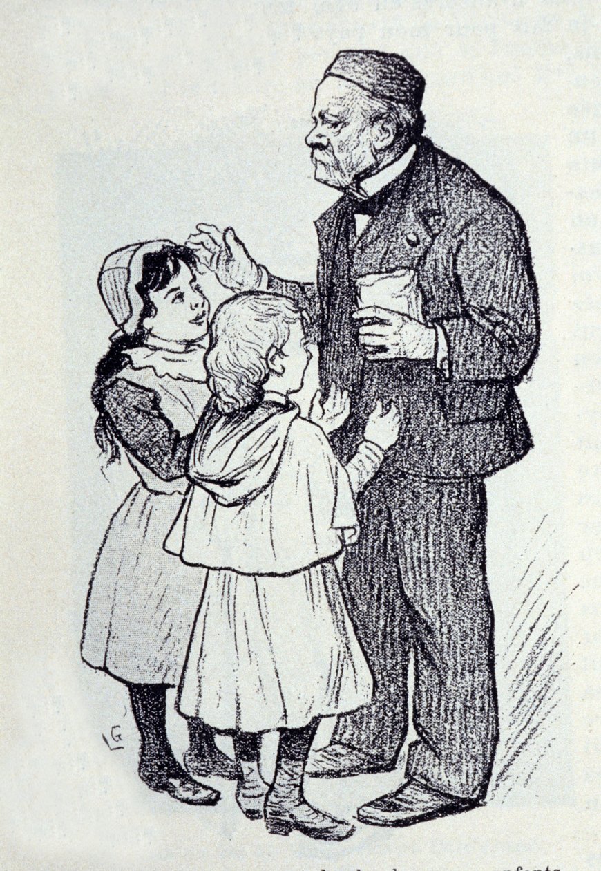 Retrato de Louis Pasteur (1822-1895), químico e físico francês dando doces para as crianças do Instituto. Esboço de Lucien Laurent-Gsell (Laurent Gsell) (1860-1944). DR de Laurent Lucien Gsell