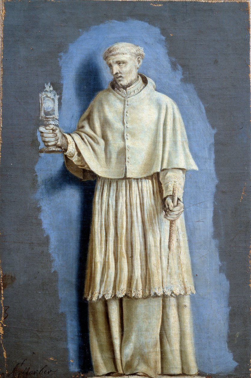 São Norbert segurando um ostensoire (ostensoir) e uma vela Pintura com camaieu sobre tela de Laurent de La Hyre (1606-1656) Sol do século XVII. 0,35 x 0,23 m Paris. Museu do Louvre de Laurent de la Hyre