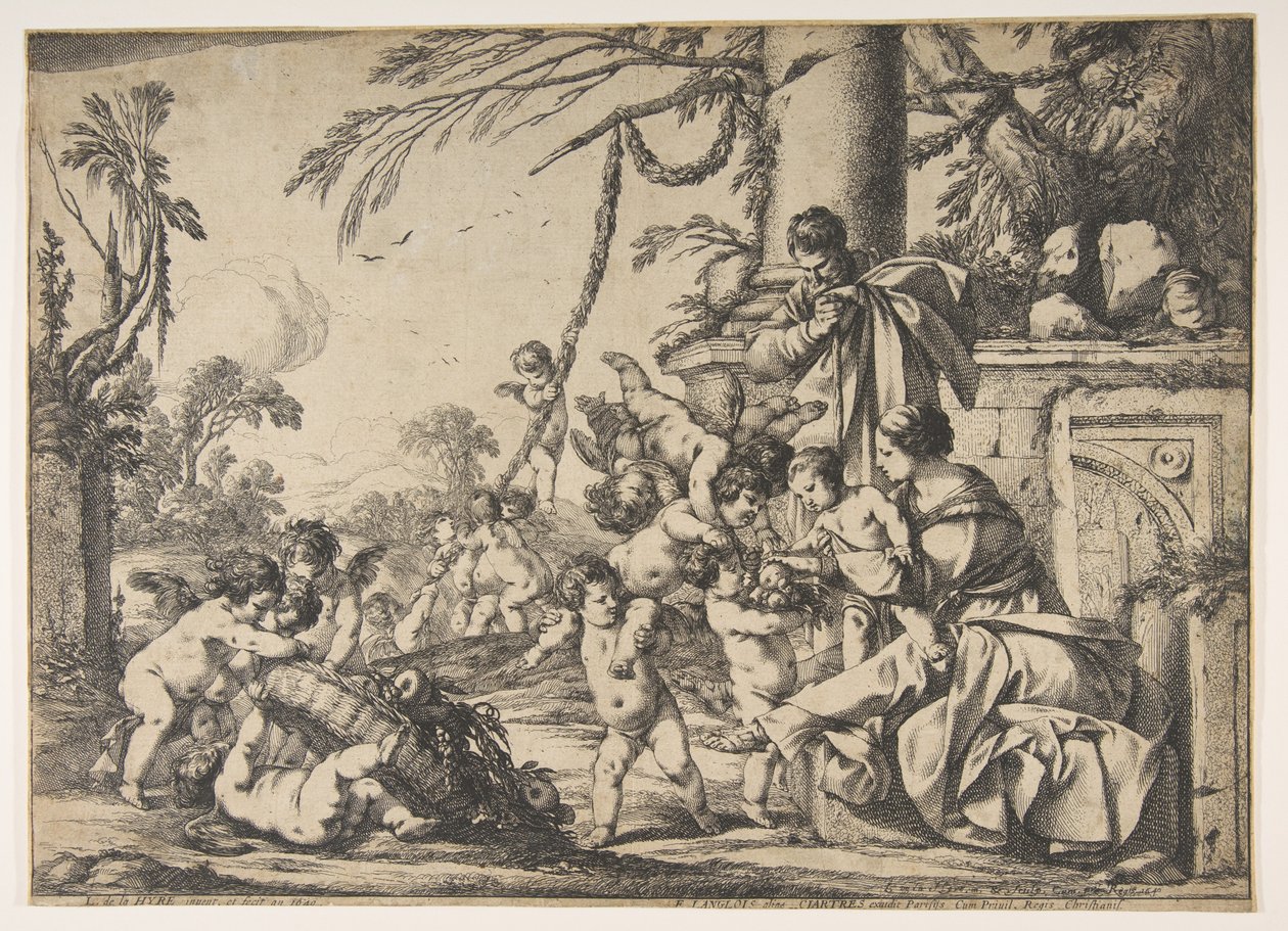 A Virgem e o Menino Jesus servidos pelos anjos, 1640. de Laurent de la Hyre