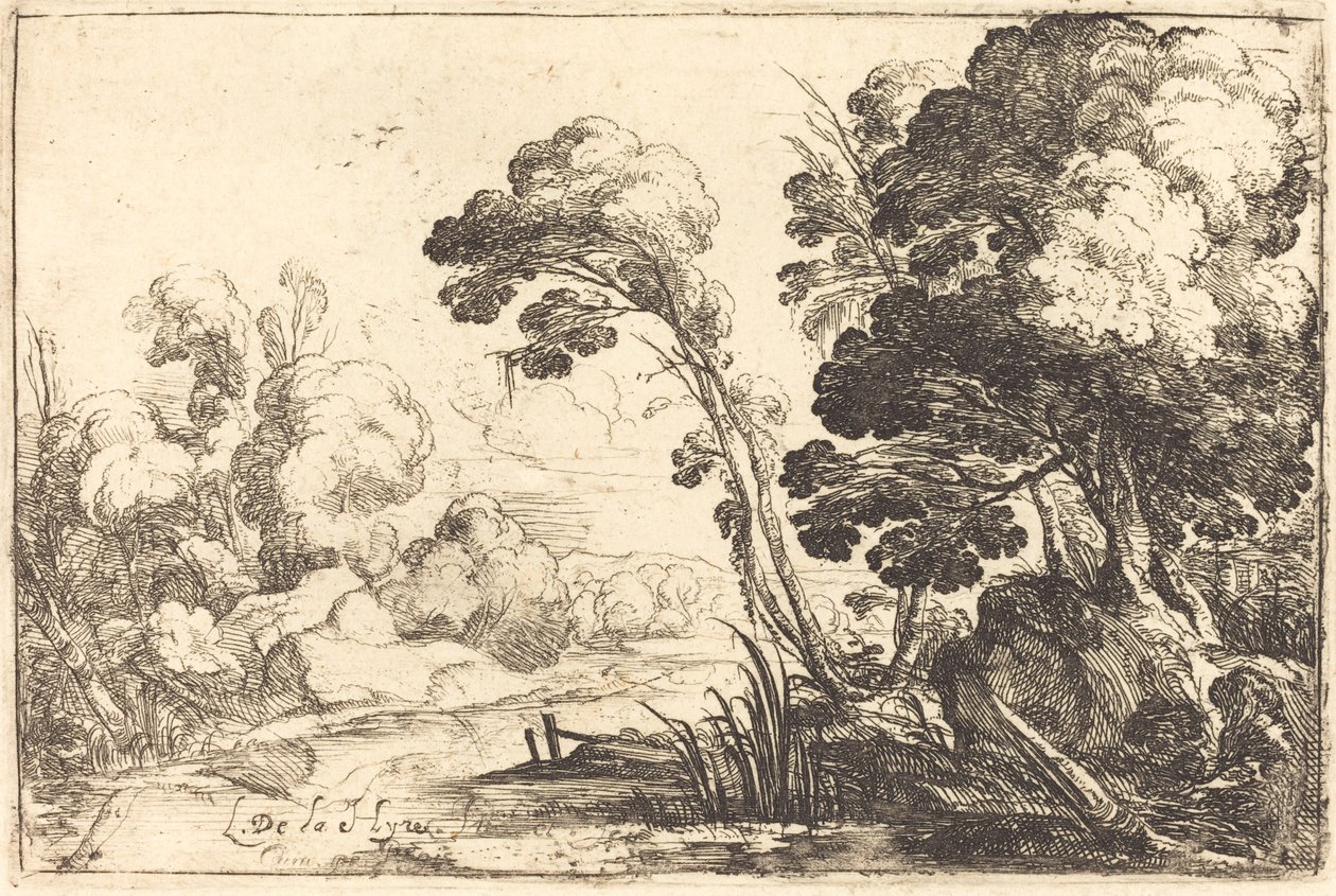 Paisagem arborizada com um rio de Laurent de la Hyre