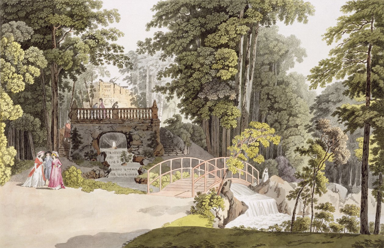 Vista da cascata em Erlaw, Viena, de &39;Pleasure Gardens em e ao redor de Viena&39;, gravada por Johann Ziegler (c.1750-c.1812), c.1790 de Laurenz Janscha