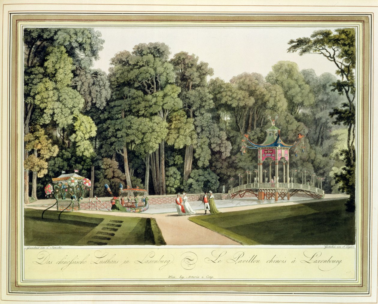 O pavilhão chinês nos Jardins de Laxenburg, em Viena, gravado por Johann Ziegler (c.1750-c.1812) de Laurenz Janscha