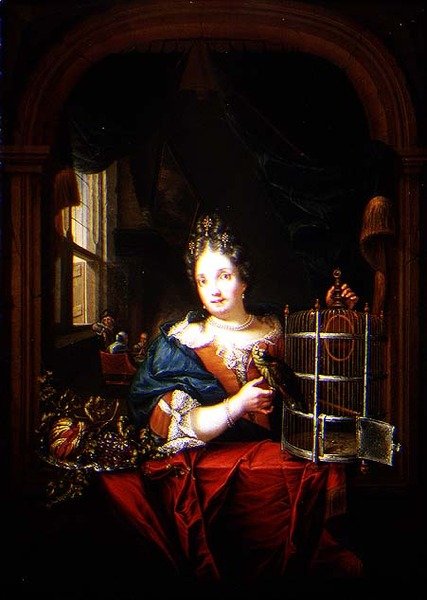 Retrato de uma mulher segurando um papagaio (painel) de Laureys Goubau