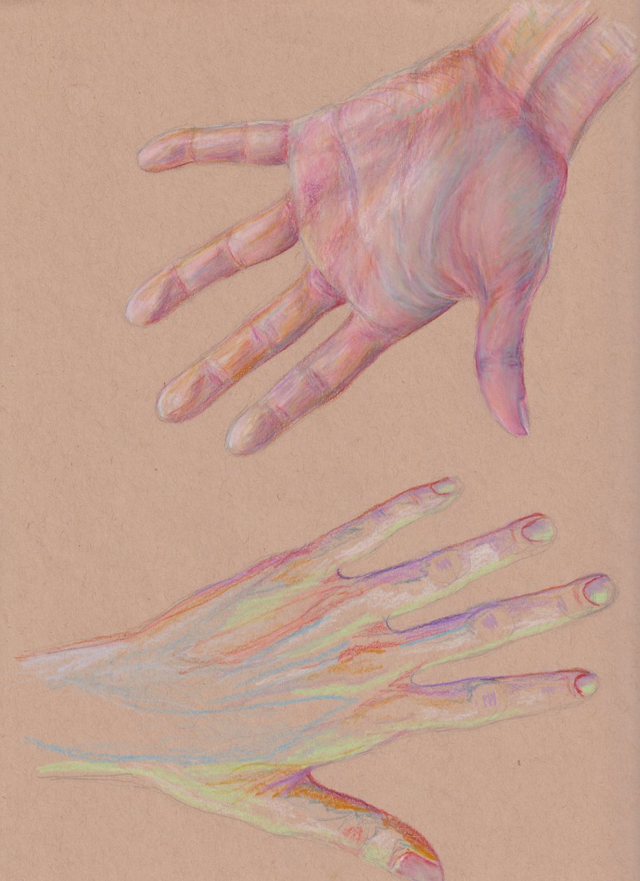 Mãos #2, 2025 (lápis de cor sobre papel tonalizado) de Laurie Michaels