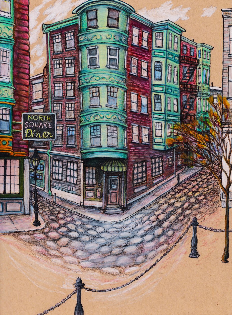 North Square Diner, 2025 (lápis de cor e tinta sobre papel matizado) de Laurie Michaels