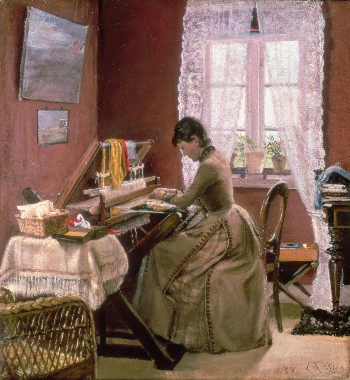 Johanne Wilde, a esposa do artista, em seu tear de Laurits Andersen Ring