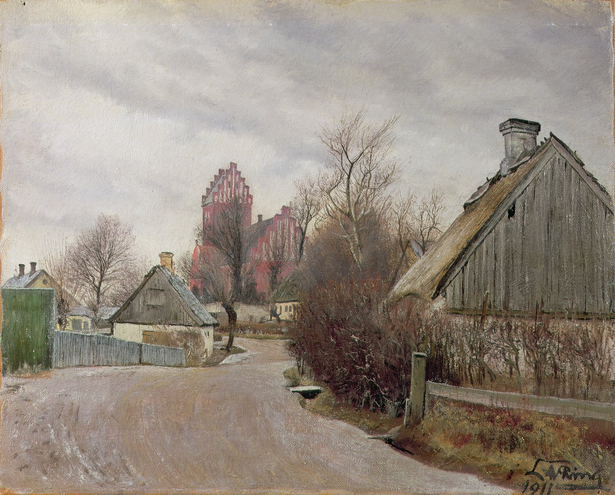 Gade i Hoje Taastrup (estrada rural com chalés e uma igreja alta) 1911 de Laurits Andersen Ring