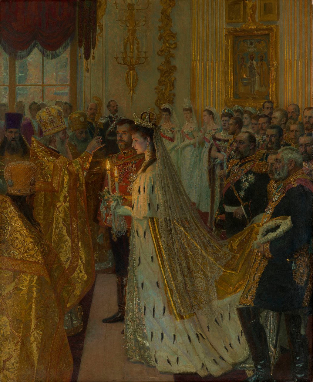 O casamento do czar Nicolau II e da princesa Alix de Hesse-Darmstadt, em 26 de novembro de 1894, 1895. de Laurits Regner Tuxen
