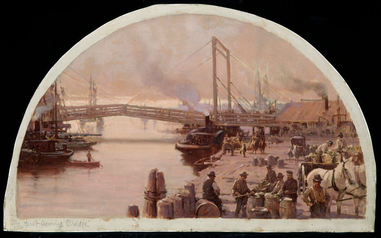 A primeira ponte do outro lado do rio Chicago, 1834, 1900 de Lawrence Carmichael Earle