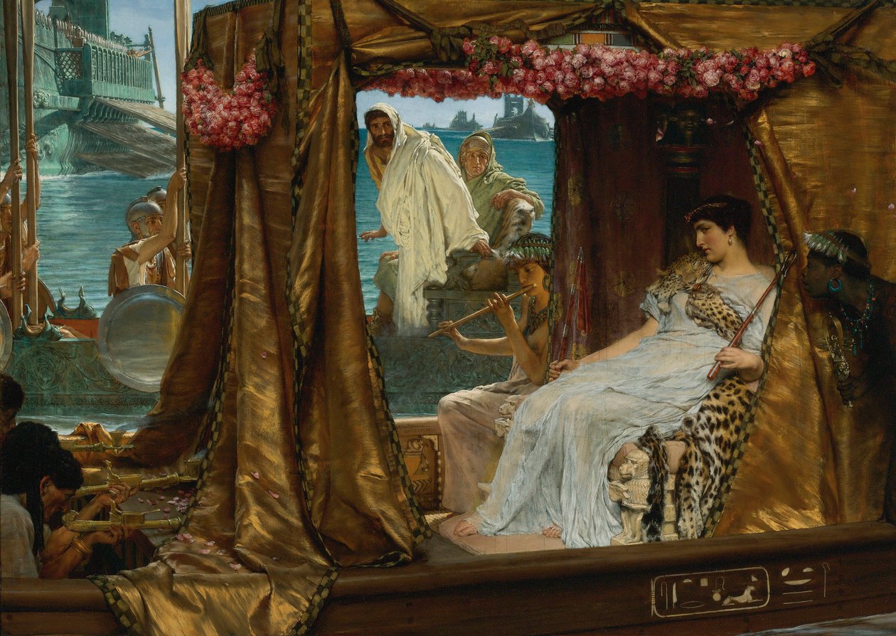 O Encontro de Antônio e Cleópatra - A rainha egípcia Cleópatra (79-30 a.C.) encontra seu futuro amante Marco Antônio (83-30 a.C.) provavelmente em Roma (O Encontro de Antônio e Cleópatra) - Pintura de Lawrence Alma-Tadema (1836-1912) - 1885 - de Lawrence Alma Tadema