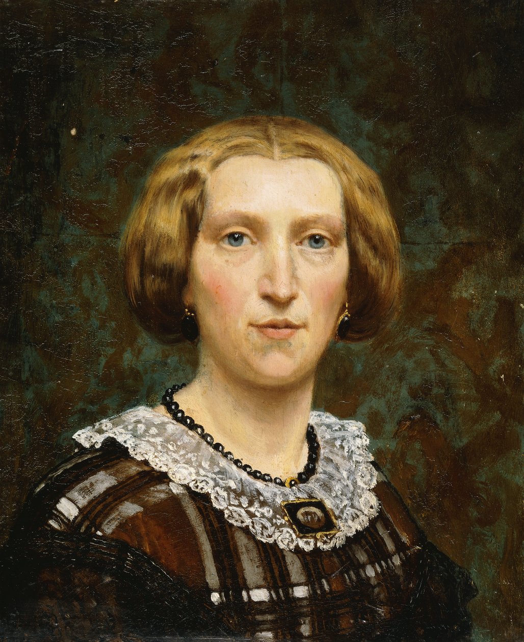 Retrato de Sientje Tadema, comprimento do busto pequeno, em vestido marrom e branco e xale preto, 1860 de Lawrence Alma Tadema