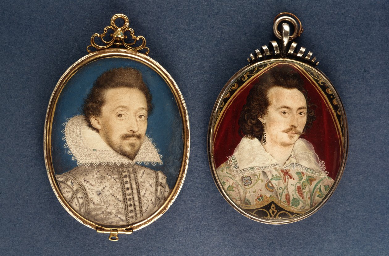 À esquerda: retrato de um jovem de Lawrence Hilliard, c.1620. À direita: retrato de um jovem de Nicholas Hilliard (1547-1619), c.1585 de Lawrence Hilliard