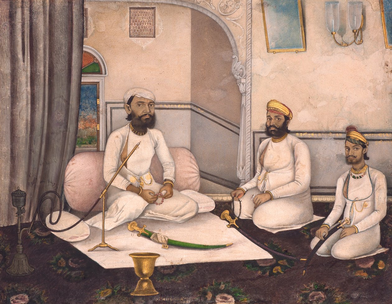 Thakur Sahab Samadar Karanji com Kabraji Mukandra Karanji Sahab e Bho Raj Cha, c.1875 (wc opaca e ouro sobre papel) de Laxmi Narayan
