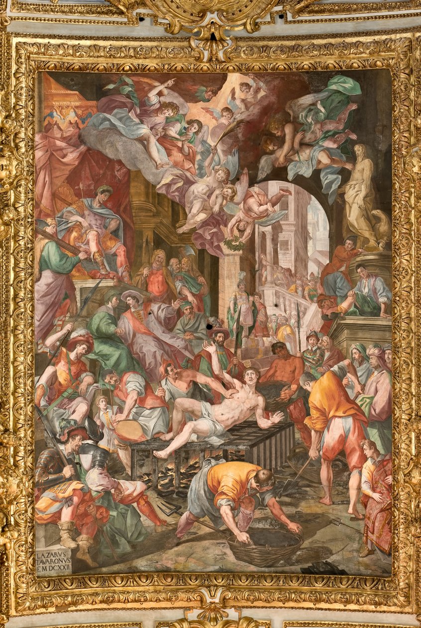 Génova, Duomo (Catedral de São Lourenço), no interior, a abóbada do presbitério: "O Martírio de São Lourenço" de Lazzaro Tavarone