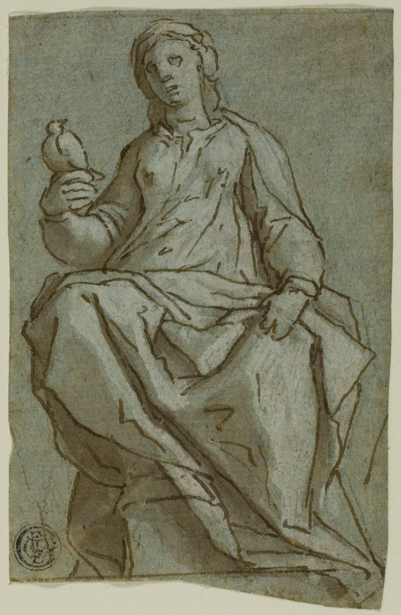 Figura feminina sentada (Santa Escolástica?) Segurando uma pomba de Lazzaro Tavarone