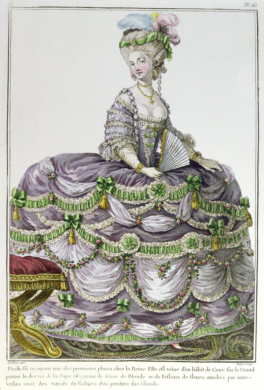 Uma duquesa na corte de Luís XVI usando um vestido com paniers, placa número 161 da &39;Galerie des Modes et Costumes&39;, gravada por Dupin, c.1778-87 de Le Clere