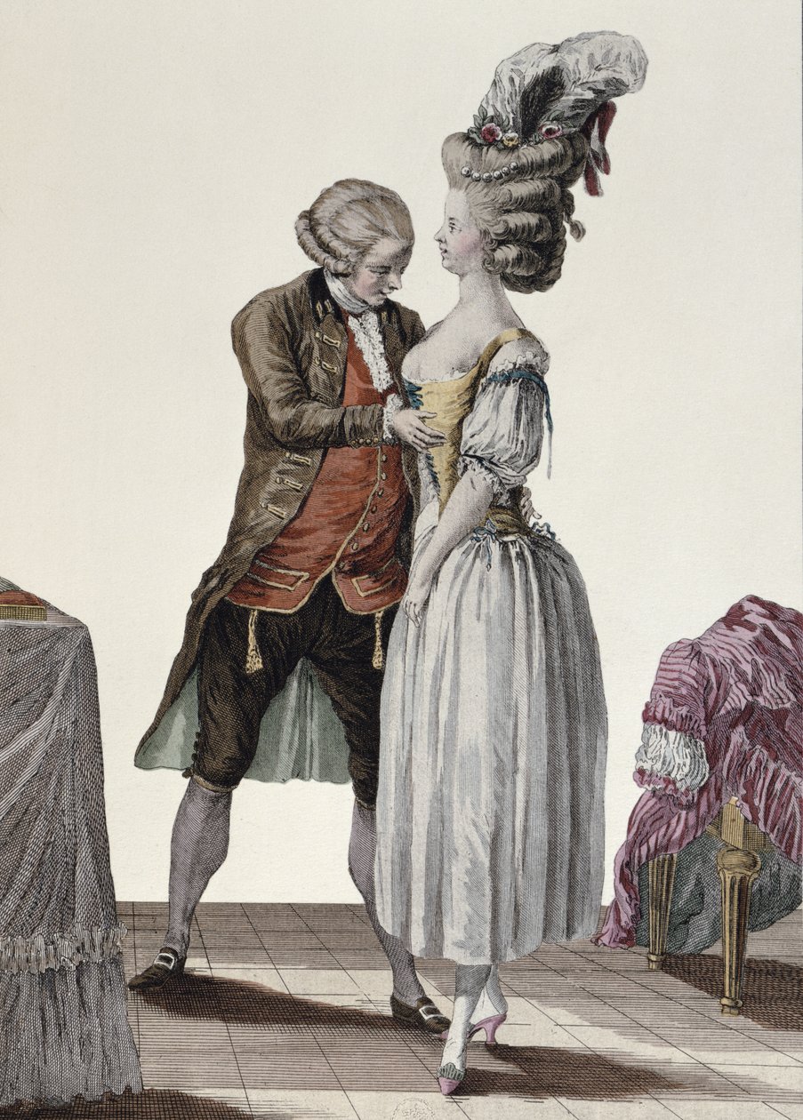 Um alfaiate experimentando um espartilho elegante em uma dama, prato de "Galerie des Modes et Costumes", gravado por Dupin, c.1778-87 de Le Clere