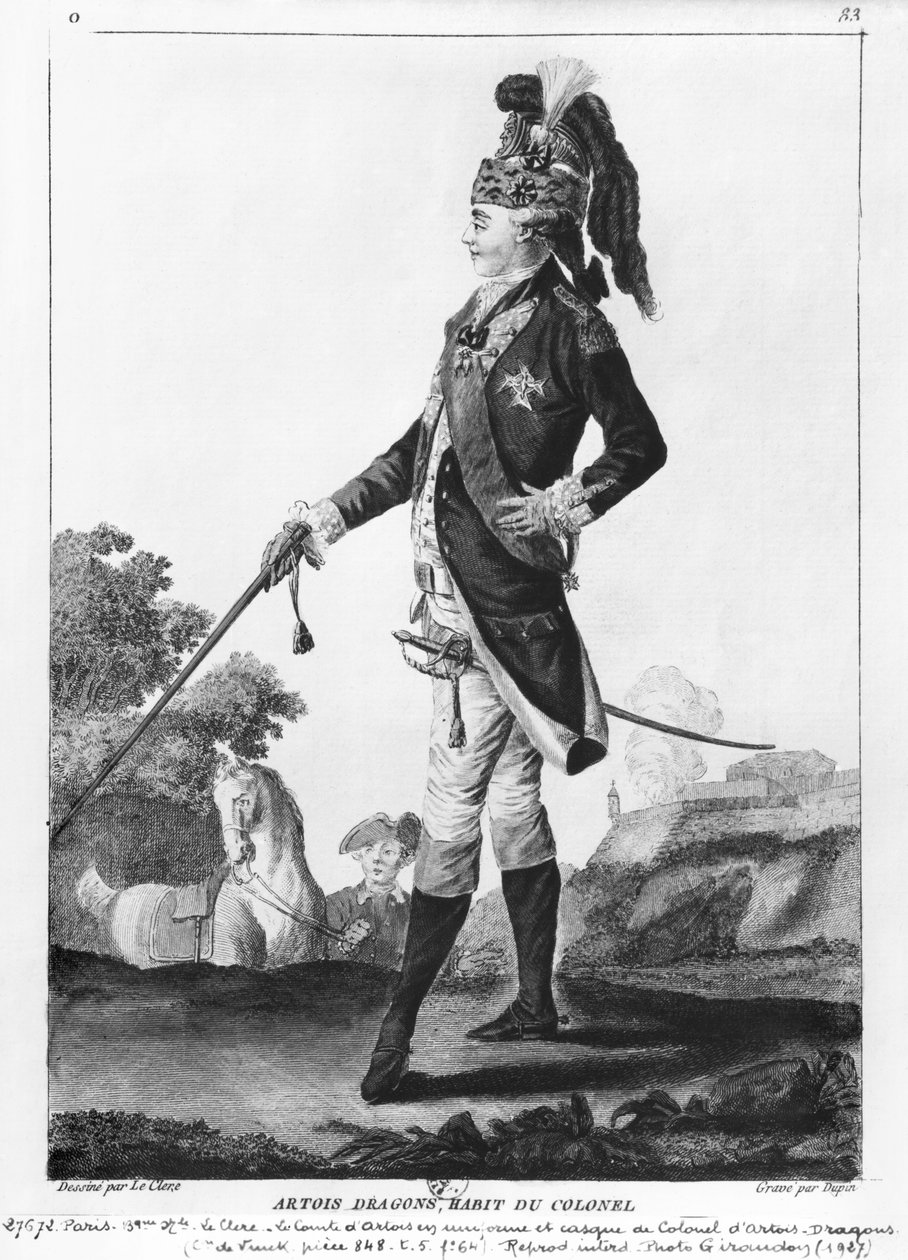 Carlos da França (1757-1836) Conde de Artois, vestindo o casq e uniforme de coronel do regimento Artois-Dragons, gravado por Dupin de Le Clere
