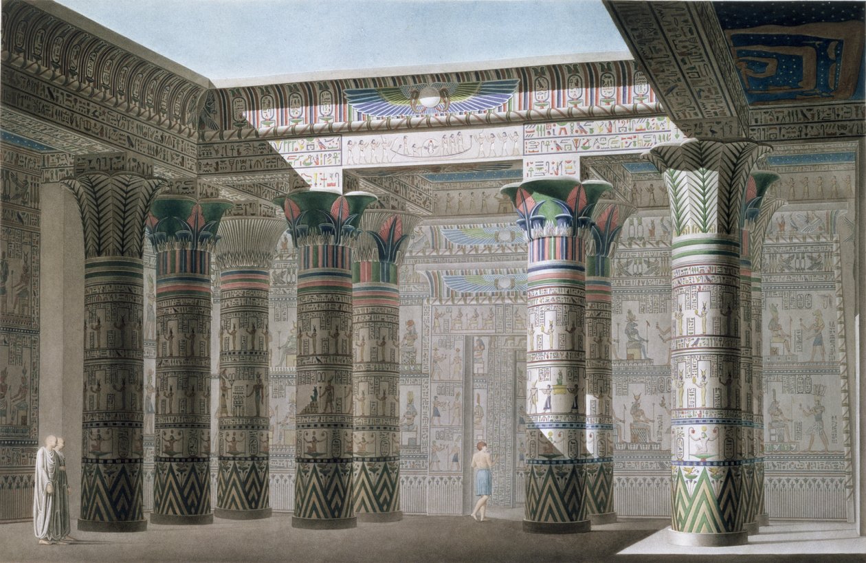 Vista interior em perspectiva do pórtico do Grande Templo na Ilha de Philae, prato 18, do Vol. I de `Descrições do Egito`, gravado por Antoine Phelippeaux (n.1767) 1822 (aquatint) de Le Pere