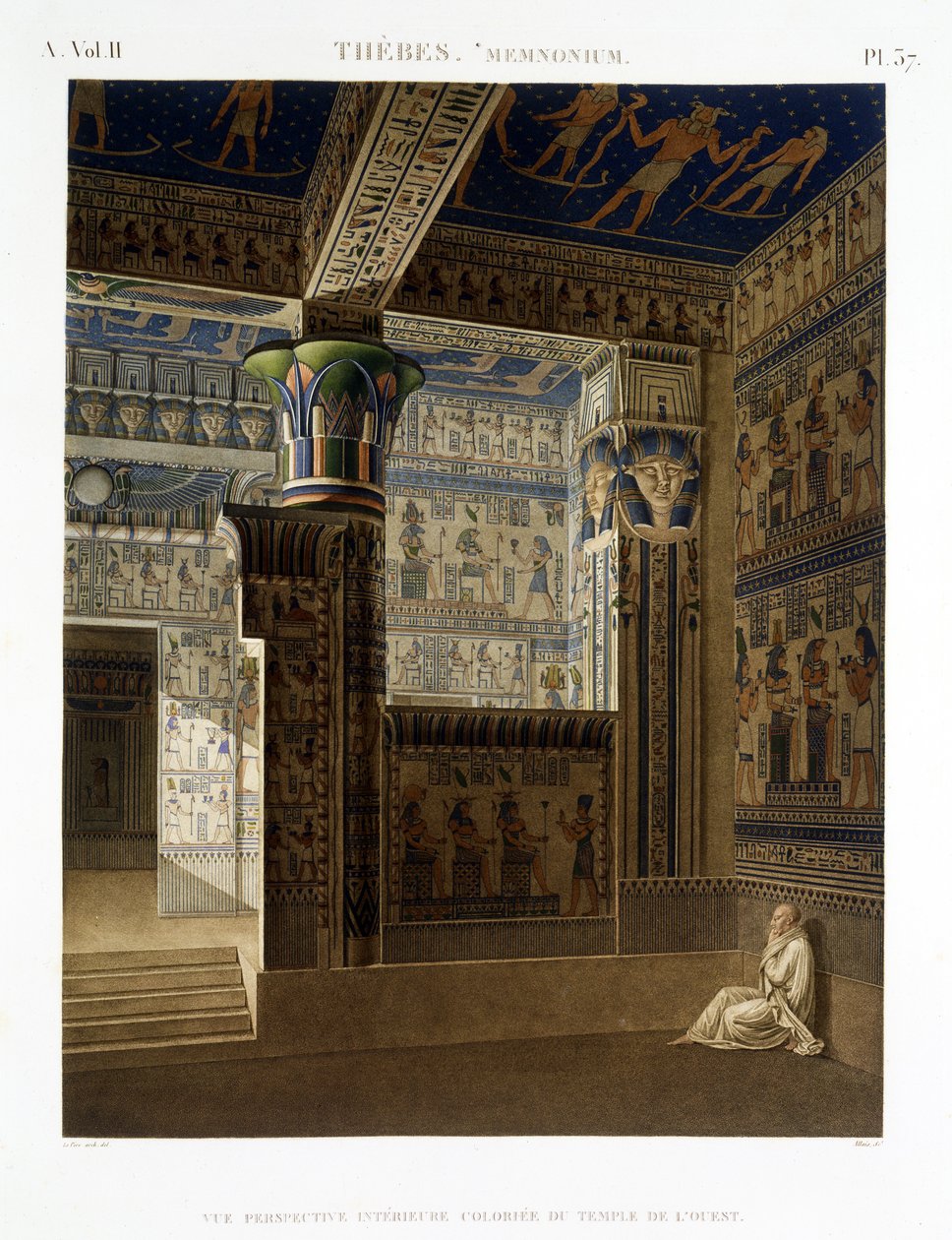 Vista interior, de, a, oeste, templo, de, a, memnonium, thebes, prato, 37, de, vol, ii, de, `descrições, de, Egypt`, gravado, por, Allais, 1822, (aquatint) de Le Pere