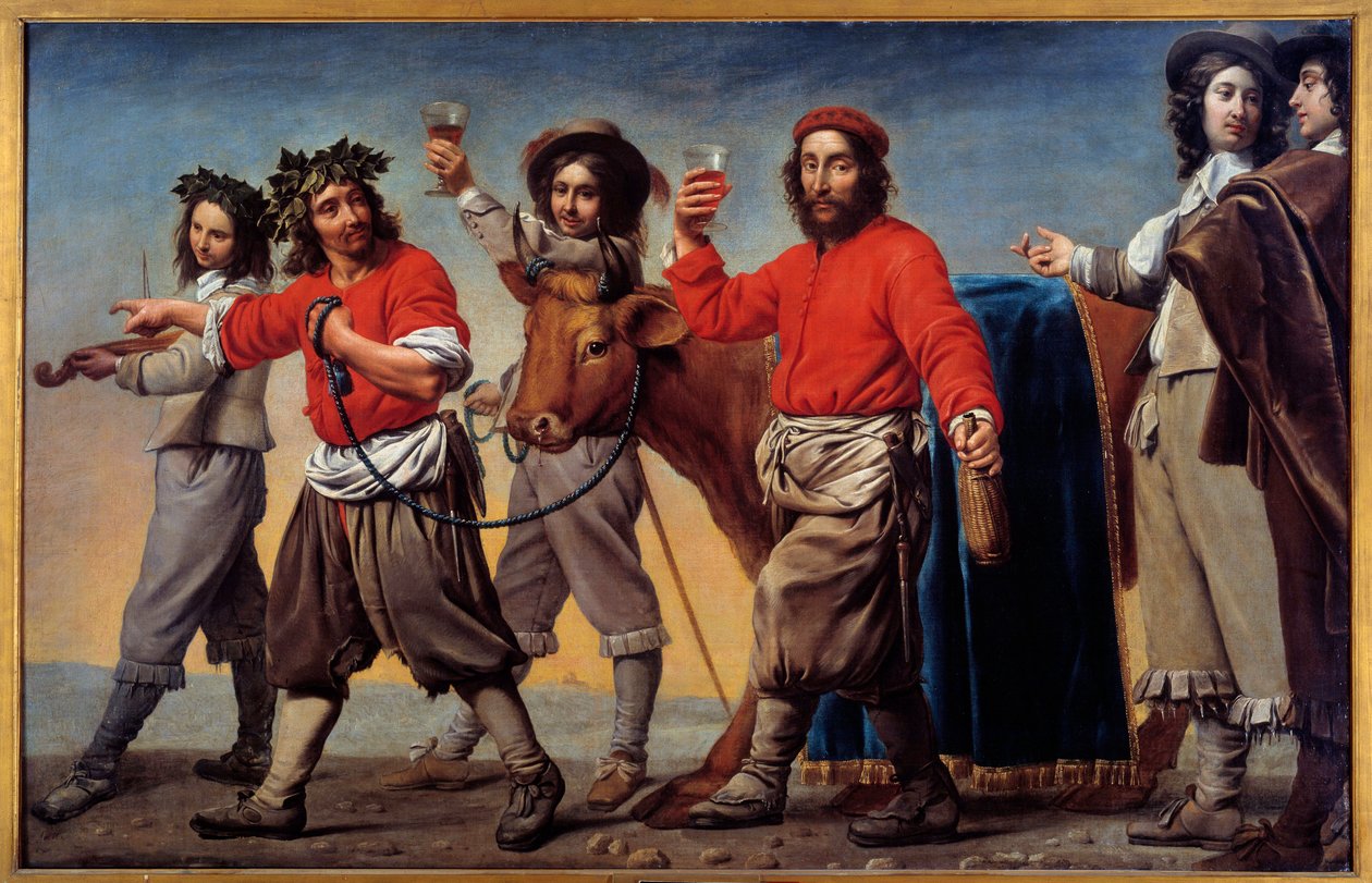 Procissão de carne gorda também diz que o festival do vinho. Pintura do Mestre Du Cortege Du Belier de Le Nain Brothers