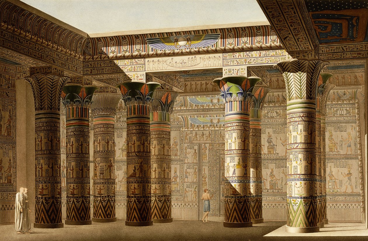 Pórtico do Grande Templo de Philae, Nubia, c.1809-1812 (gravura a cores) de Le Pere (after)