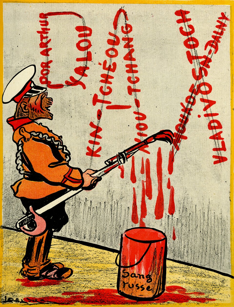 Czar russo pintando a palavra Pax ou paz, composta pelos nomes de batalhas perdidas usando sangue russo. 1904 (lito) de Leal de Camara