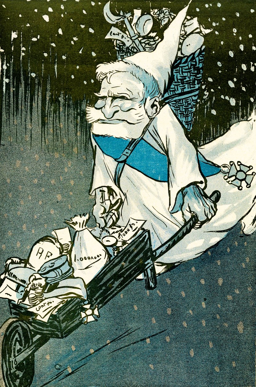 O Natal para crianças grandes - Presidente francês Emile Loubet vestido de Papai Noel com um carrinho de mão de presentes para os adultos. 1905. (lito) de Leal de Camara
