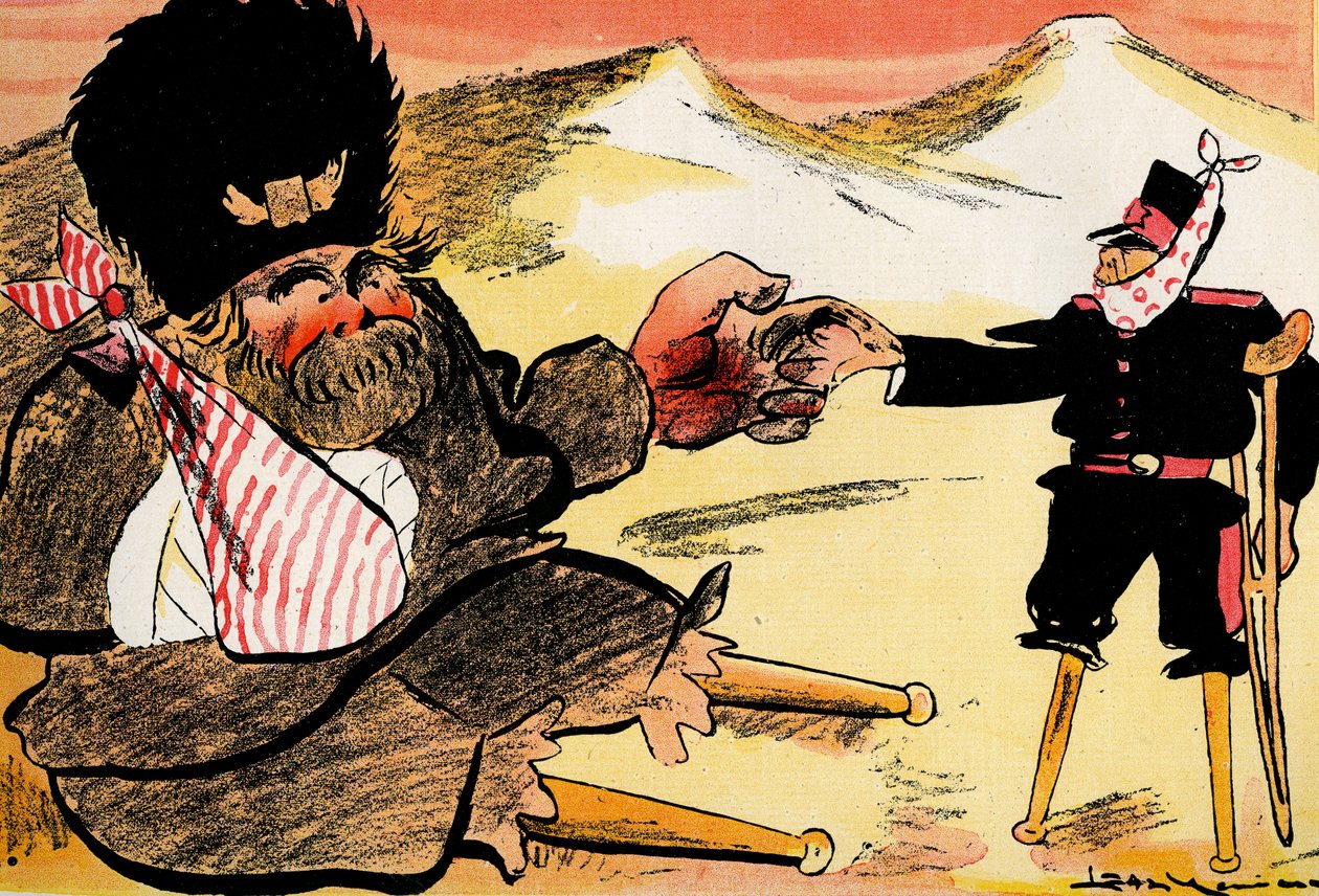 A Aliança do Futuro - "Deveríamos ter começado assim"! - A Rússia e o Japão apertam as mãos. 1904 (litho) de Leal de Camara
