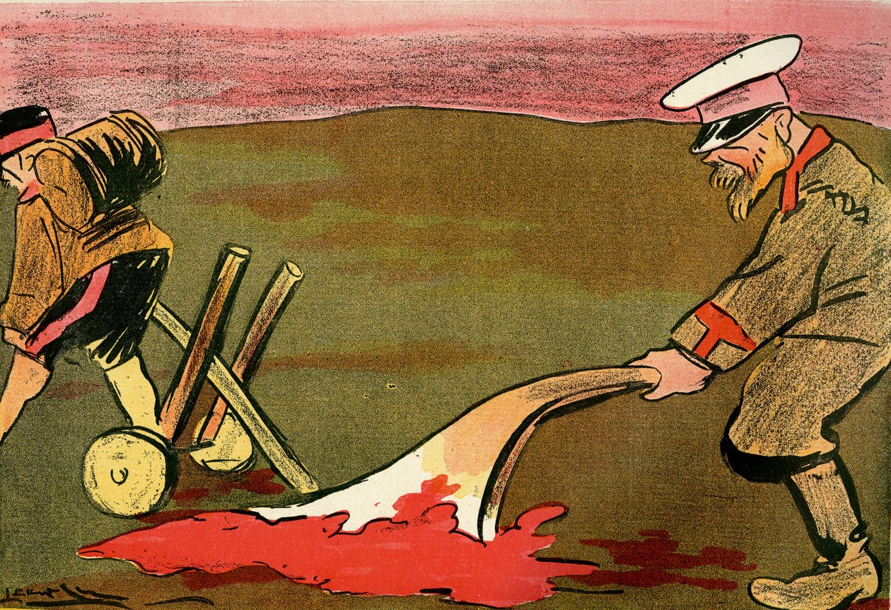 O Arado da Civilização - Soldados russos a lavrar os campos de batalha ensanguentados. 1904 (litho) de Leal de Camara