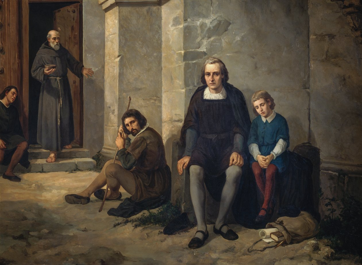 Cristóvão Colombo com o seu filho no mosteiro de Santa Maria de La Rabida, Espanha de Leandro Izaguirre