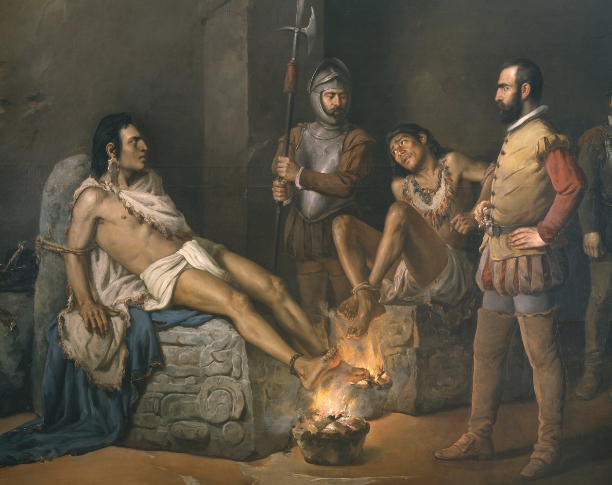 Tortura de Cuauhtemoc (1497-1525) 1893 (detalhe) (óleo sobre tela) de Leandro Izaguirre
