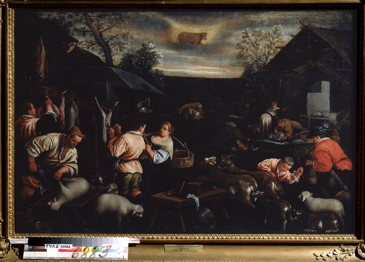 "" O Mês de Abril"" (Abril) Tosquia de Ovelhas. Símbolo do signo de touro no céu. Pintura de Leandro Bassano da Ponte (1557-1622) 1595-1600 Dim. 144x190 cm Museu Estatal de Arte Tula Rússia de Leandro da Ponte Bassano