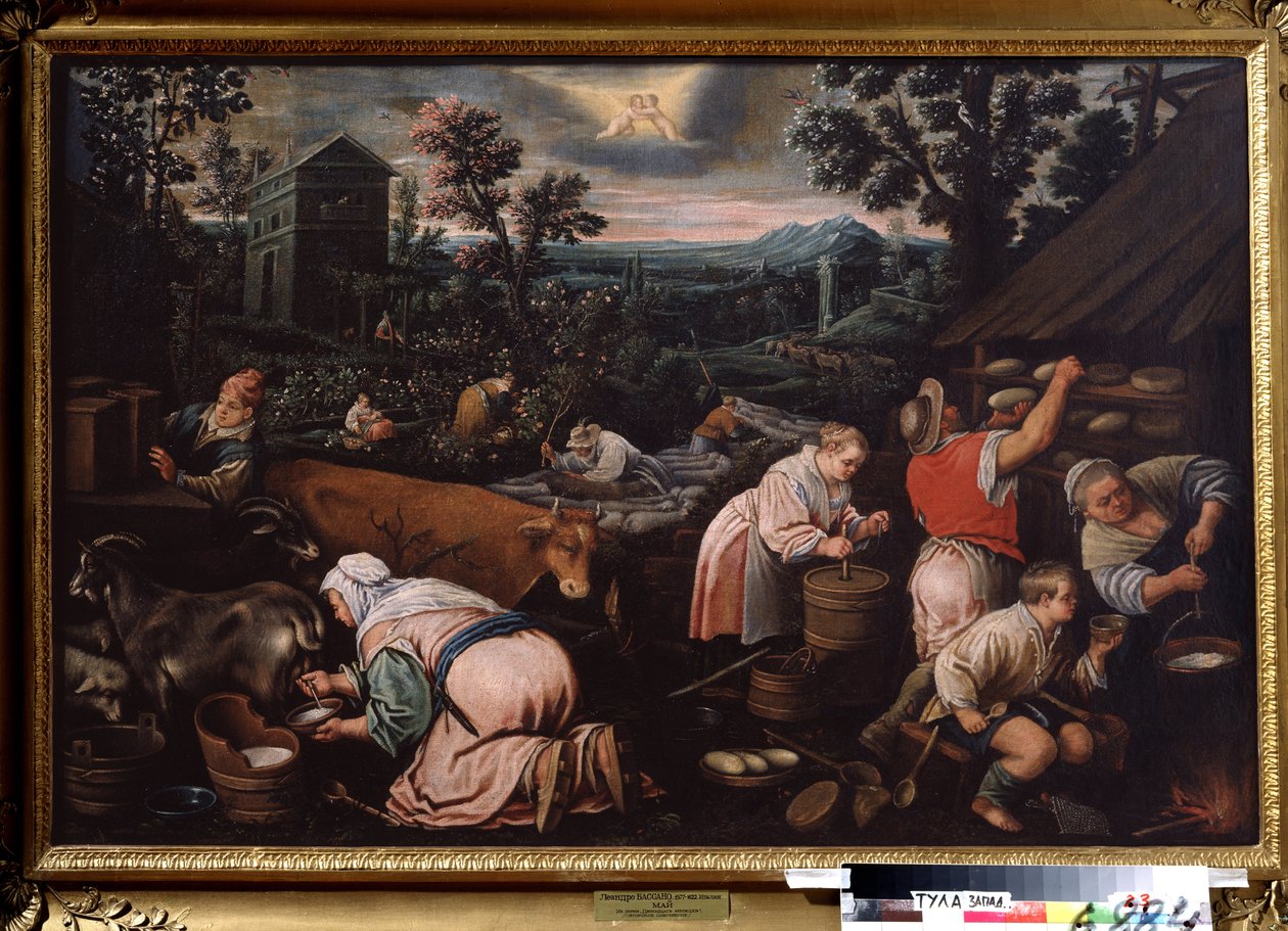 ""O mês de maio"" (maio) Ordenhar cabras, fazer queijo. Símbolo do signo de Gêmeos no céu. Pintura de Leandro Bassano da Ponte (1557-1622) 1595-1600 Museu Estatal de Arte Tula Rússia de Leandro da Ponte Bassano