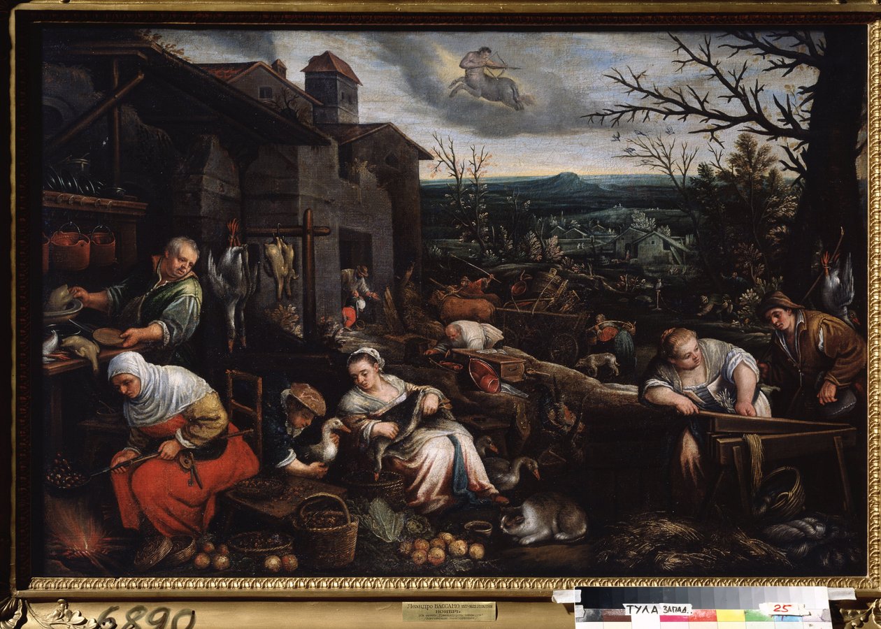 ""O mês de novembro"" (Novembro) Uma mulher assa castanhas, outra prepara os gansos. Símbolo do signo de sagitário no céu. Pintura de Leandro Bassano da Ponte (1557-1622) 1595-1600 Museu Estatal de Arte Tula Rússia de Leandro da Ponte Bassano