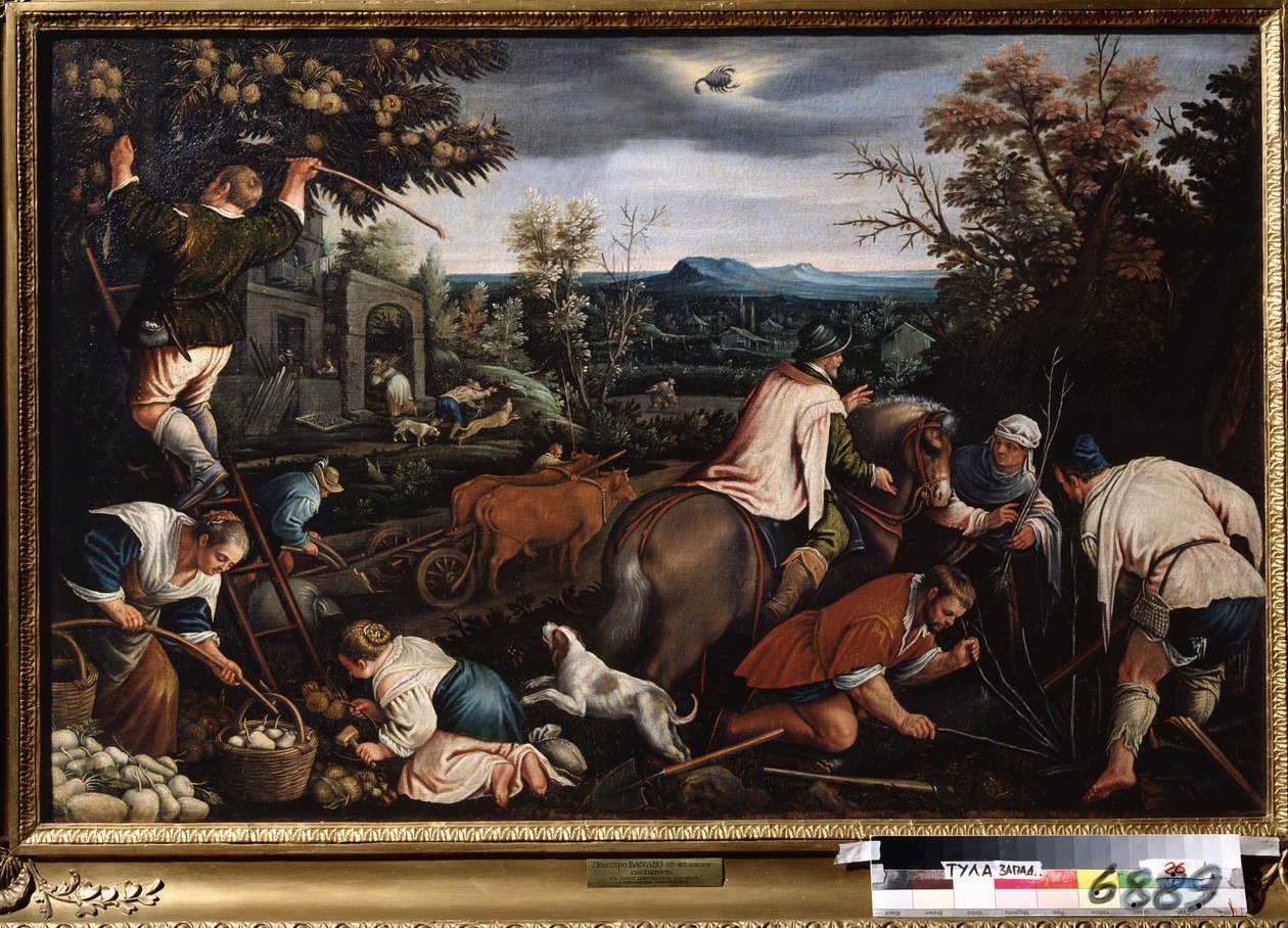 "O mês de Outubro" (Outubro) Trabalho nos campos. Agricultores a plantar árvores. Símbolo do signo do escorpião no céu. Pintura de Leandro Bassano da Ponte (1557-1622) 1595-1600 Museu Estatal de Arte Tula Rússia de Leandro da Ponte Bassano