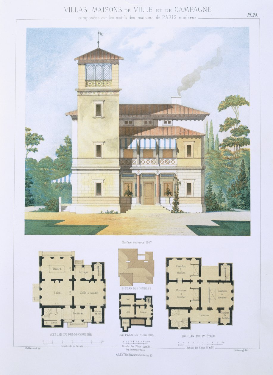 Design de &39;Cidade e Casas de Campo Baseadas nas Casas Modernas de Paris&39;, c.1864 de Leblanc